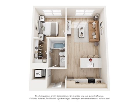 Floor plan for 1 bed, 1 bath, 727 sqft
